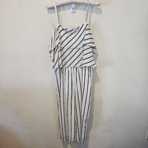 Women's MELLÓ DAY White & Black Striped Ruffle Cropped Jumpsuit M Pockets!